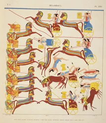 Tolkning av freskomaleriene på Ibsambul som viser en kamp med stridsvogner, fra 